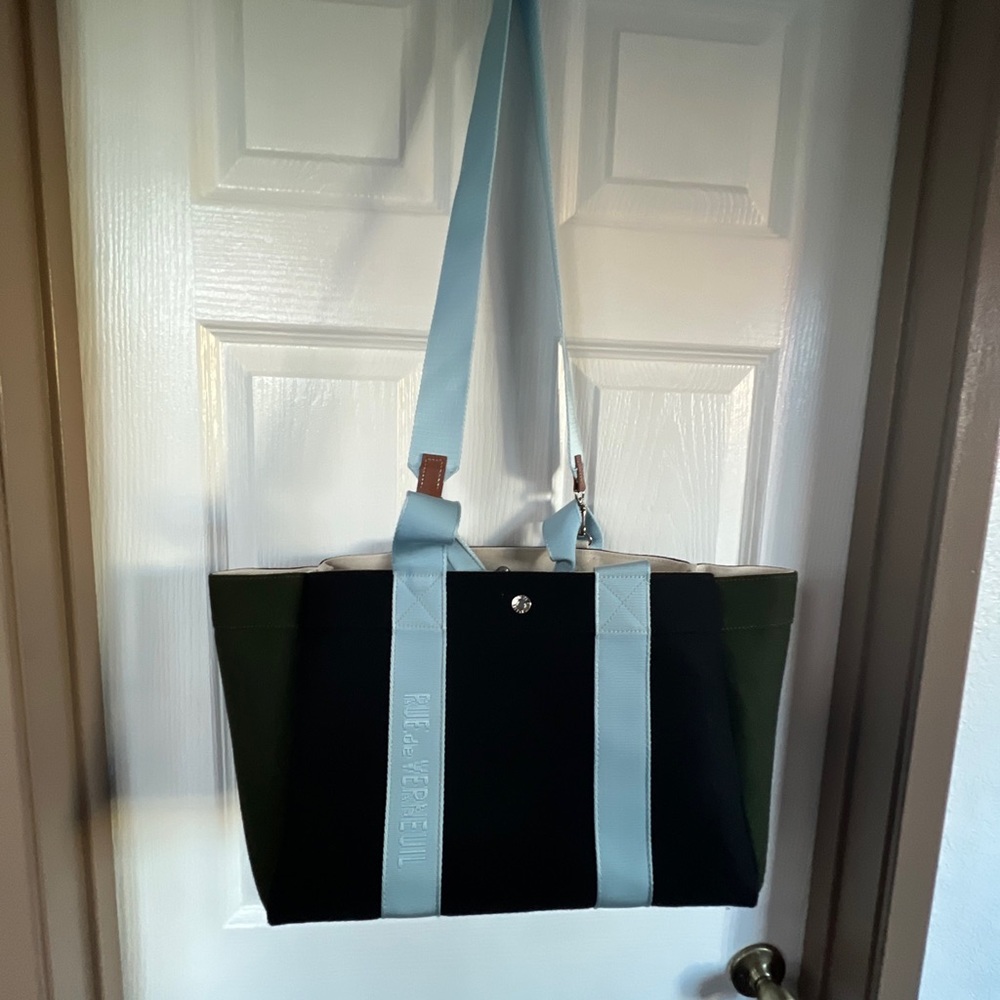 Rue De Verneuil Women’s Tote Medium Kaki Flannel Black Green Blue Logo Strap